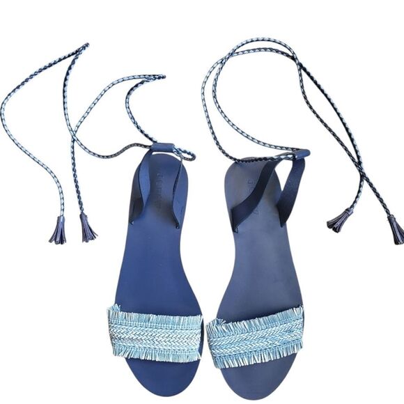 J. Crew Navy Sandals with Beaded Strap and Adjustable Ankle Tie - Picture 1 of 3